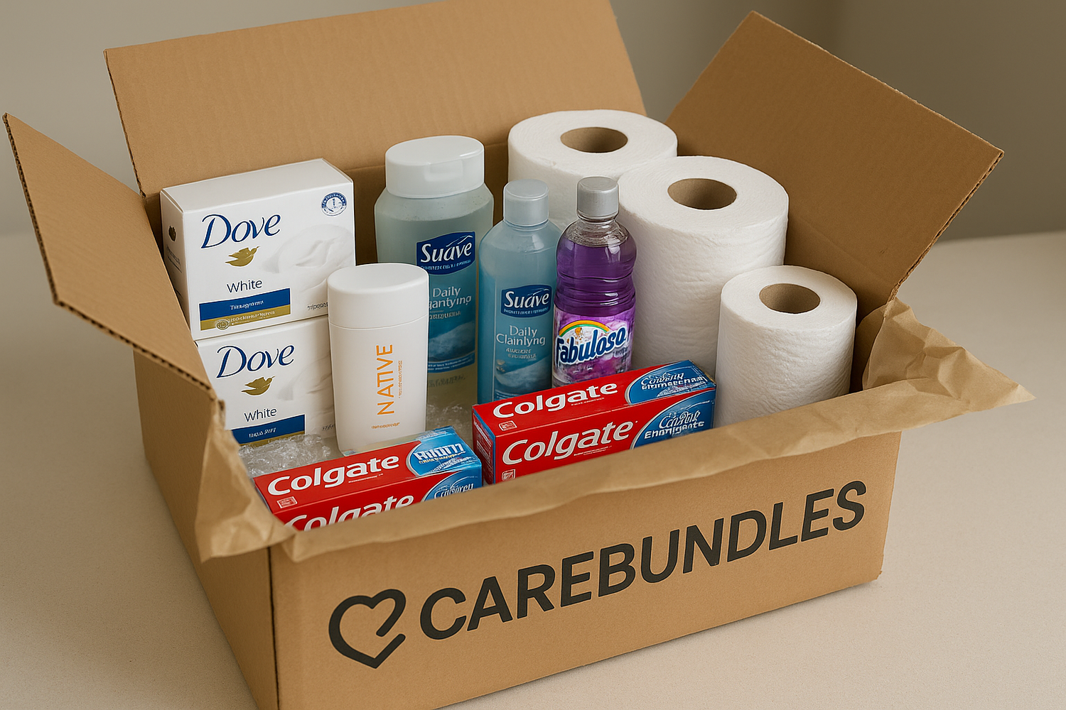 Create a image showcasing dove, native, colgate, suave, fabuloso and toilet paper in a opened shipping box in the process of being packaged with the CAREBUNDLES logo written on it