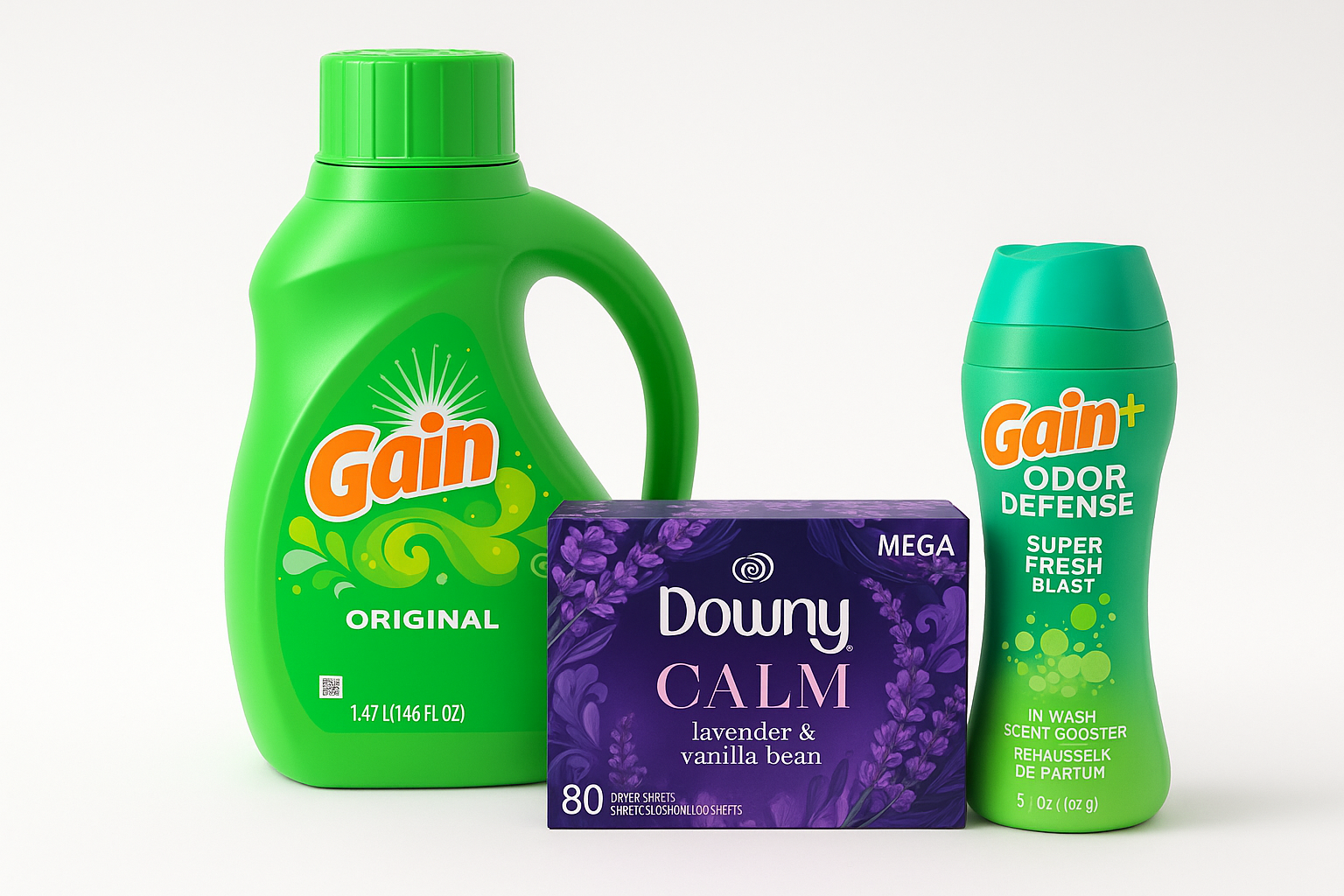 create me a bundle product image using these products: Gain Liquid Laundry Detergent, Original Scent, 46 fl oz, 32 Loads / Downy Infusions Calm Mega Dryer Sheets, Lavender and Vanilla Bean Scent, 80 Count / Gain + Odor Defense in-Wash Scent Booster, Super Fresh Blast Scent, 5.7 oz. Make the image clean and presentable. 