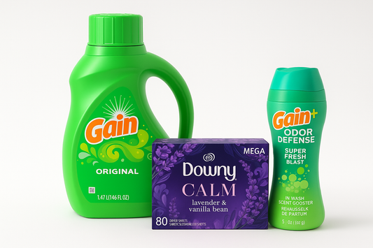 create me a bundle product image using these products: Gain Liquid Laundry Detergent, Original Scent, 46 fl oz, 32 Loads / Downy Infusions Calm Mega Dryer Sheets, Lavender and Vanilla Bean Scent, 80 Count / Gain + Odor Defense in-Wash Scent Booster, Super Fresh Blast Scent, 5.7 oz. Make the image clean and presentable. 