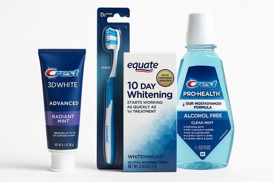 generate me a good dental product bundle image using crest 3d advanced radiant mint, dr.fresh adult manual toothbrush, equate 10 day whitening kit (20 count), crest pro health alcohol free mouth wash (1 L) in the image. 