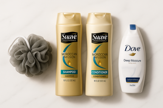 Generate me a good product bundle image using these products: grey loofah /  Suave Professionals Moroccan Oil Infusion Shampoo & Conditioner Set, Shine Enhancing, 18 fl oz, 2 Pack / Dove Body Wash for Women Nourishing Deep Moisture Cleanser All Skin, 11 oz. Make it clean and presentable. 